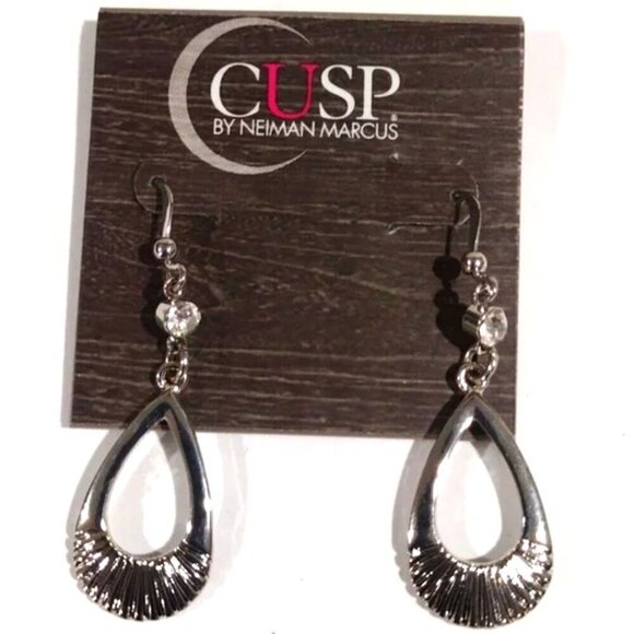 Dainty Silver-tone Crystal Teardrop Dangling Earrings - CUSP by Neiman Marcus - Picture 1 of 11